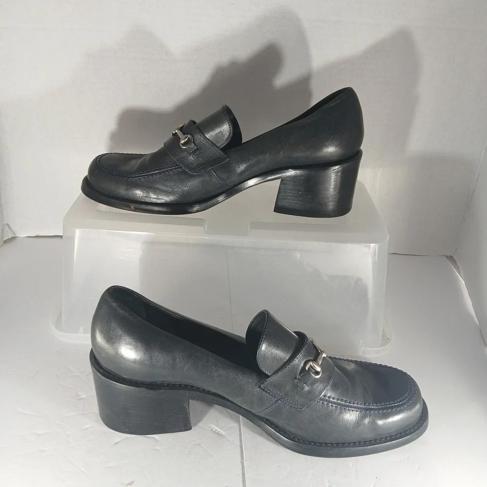 Nine West Permit Loafers 8M Navy Blue Leather Chunky Block Heel Horsebit Vintage